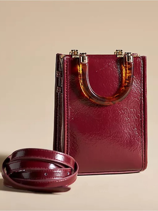 Anthropologie Handbags - Anthropologie Patent Mini Tote in Burgundy with Tortoiseshell Handles